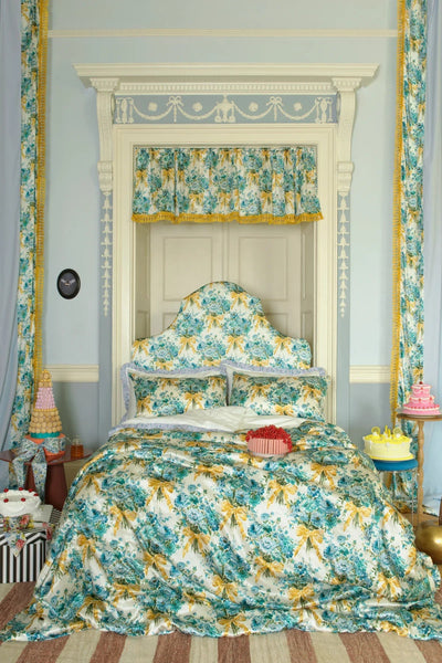 Frill-Edge White Pillowcase Made With Liberty Fabrics And Bridgerton Posy Corsage Blue