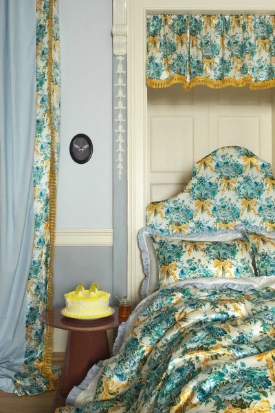Frill-Edge White Pillowcase Made With Liberty Fabrics And Bridgerton Posy Corsage Blue