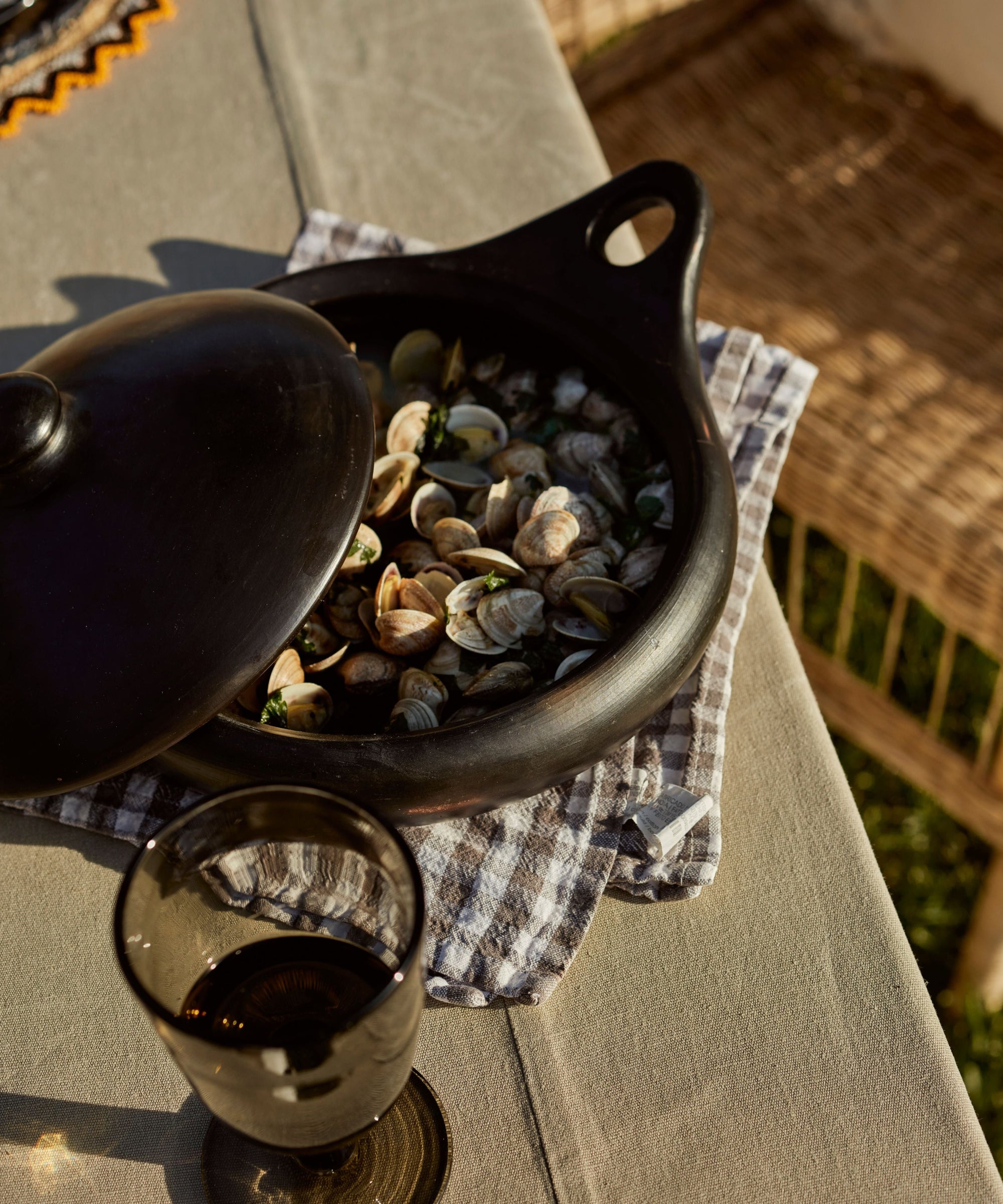 Chamba Sauté Pan detail — hand-polished natural black clay surface