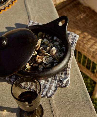 Chamba Sauté Pan detail — hand-polished natural black clay surface