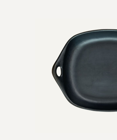Chamba Gratin Dish detail — hand-polished natural black clay surface