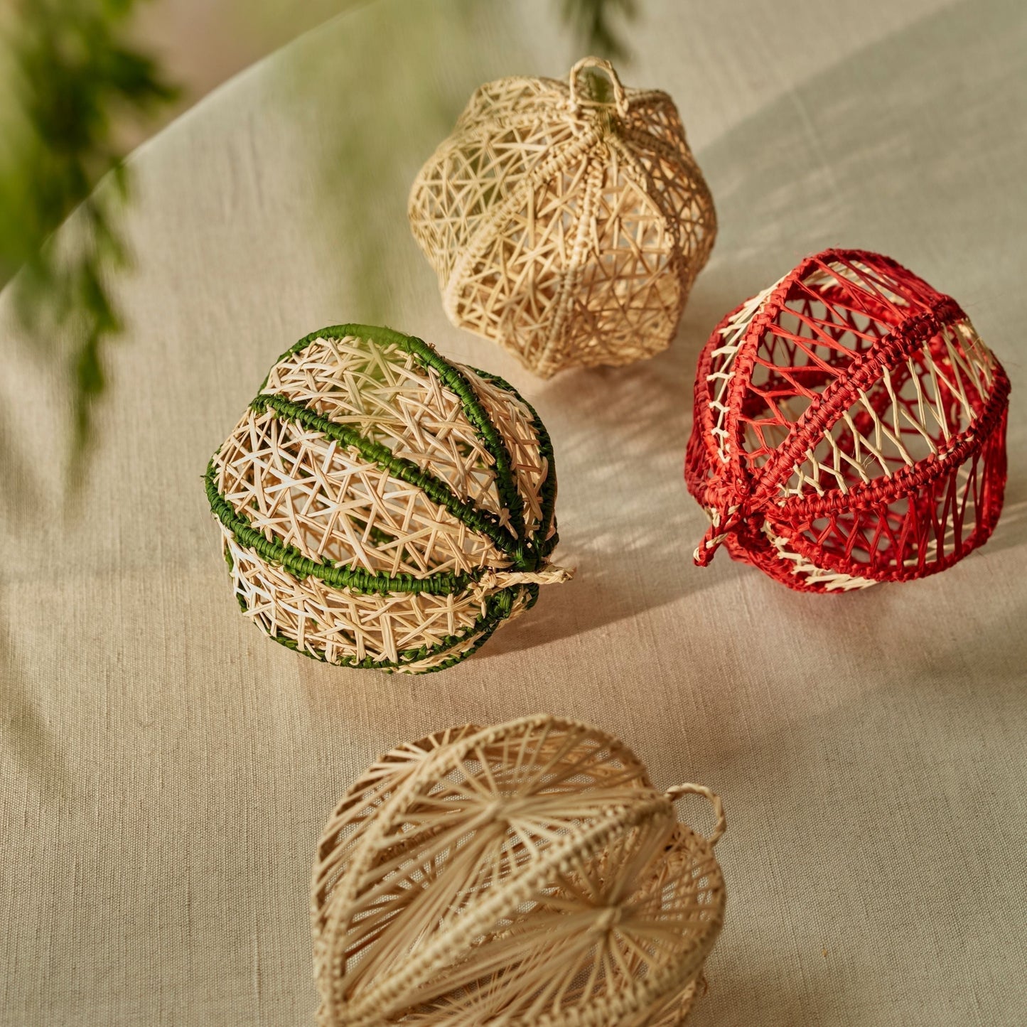 Handwoven iraca palm Christmas baubles from Usiacurí, Colombia