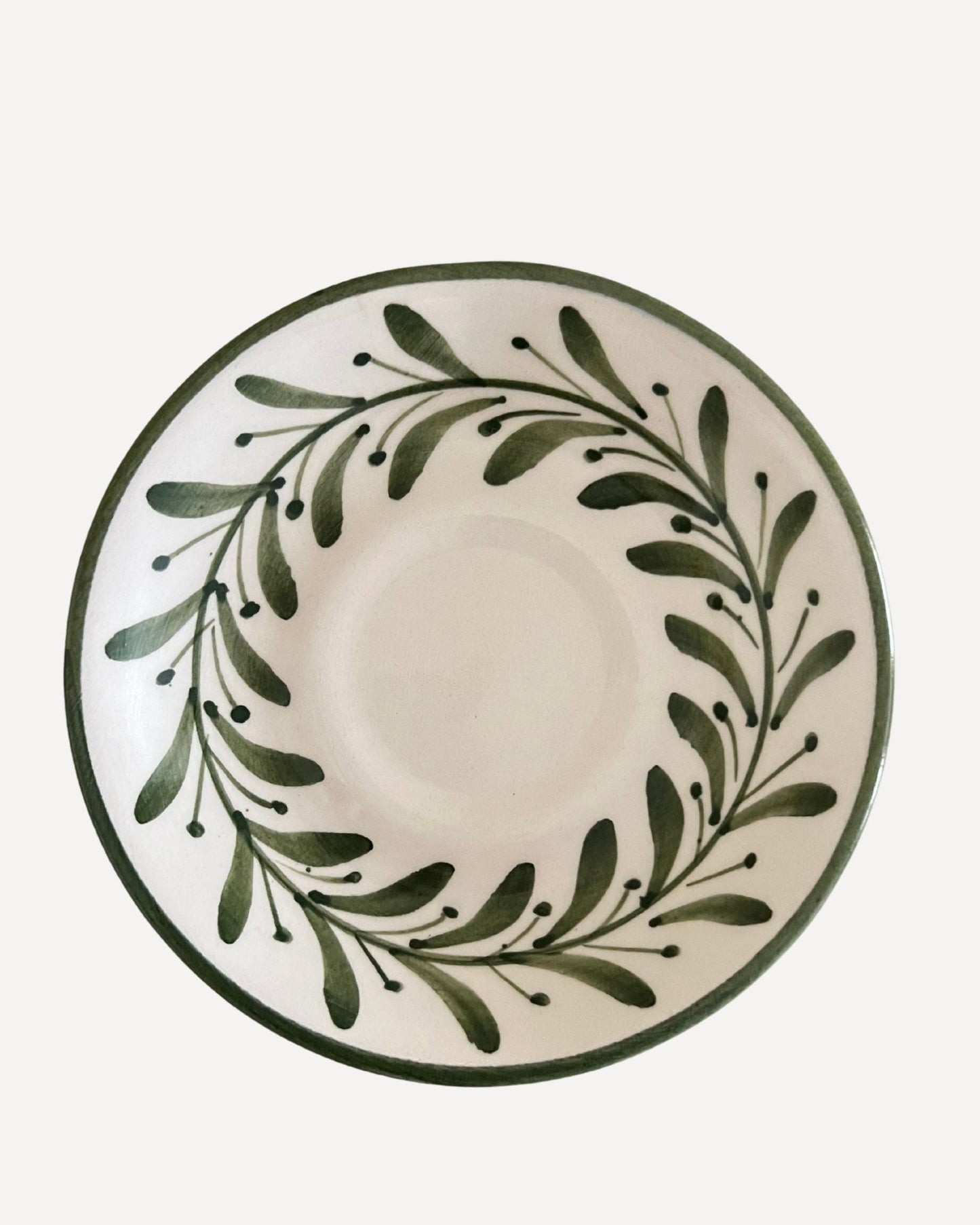 Helecho Coffee Cup in Jet Black, freehand fern wreath on hand-painted Colombian ceramic