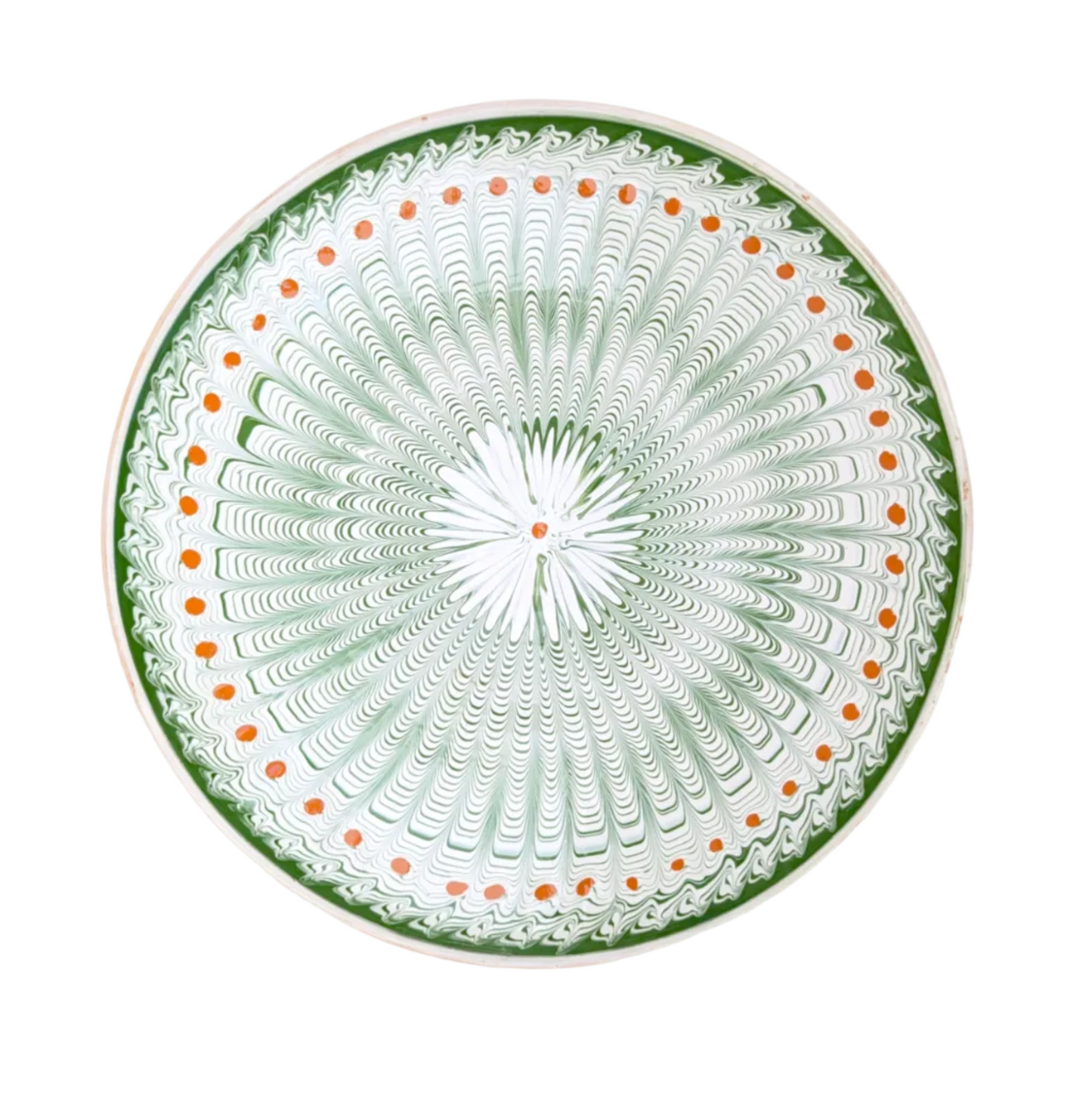 A large serving plate with a pattern in green and ginger detail, featuring a central motif surrounded by a border with a similar design.