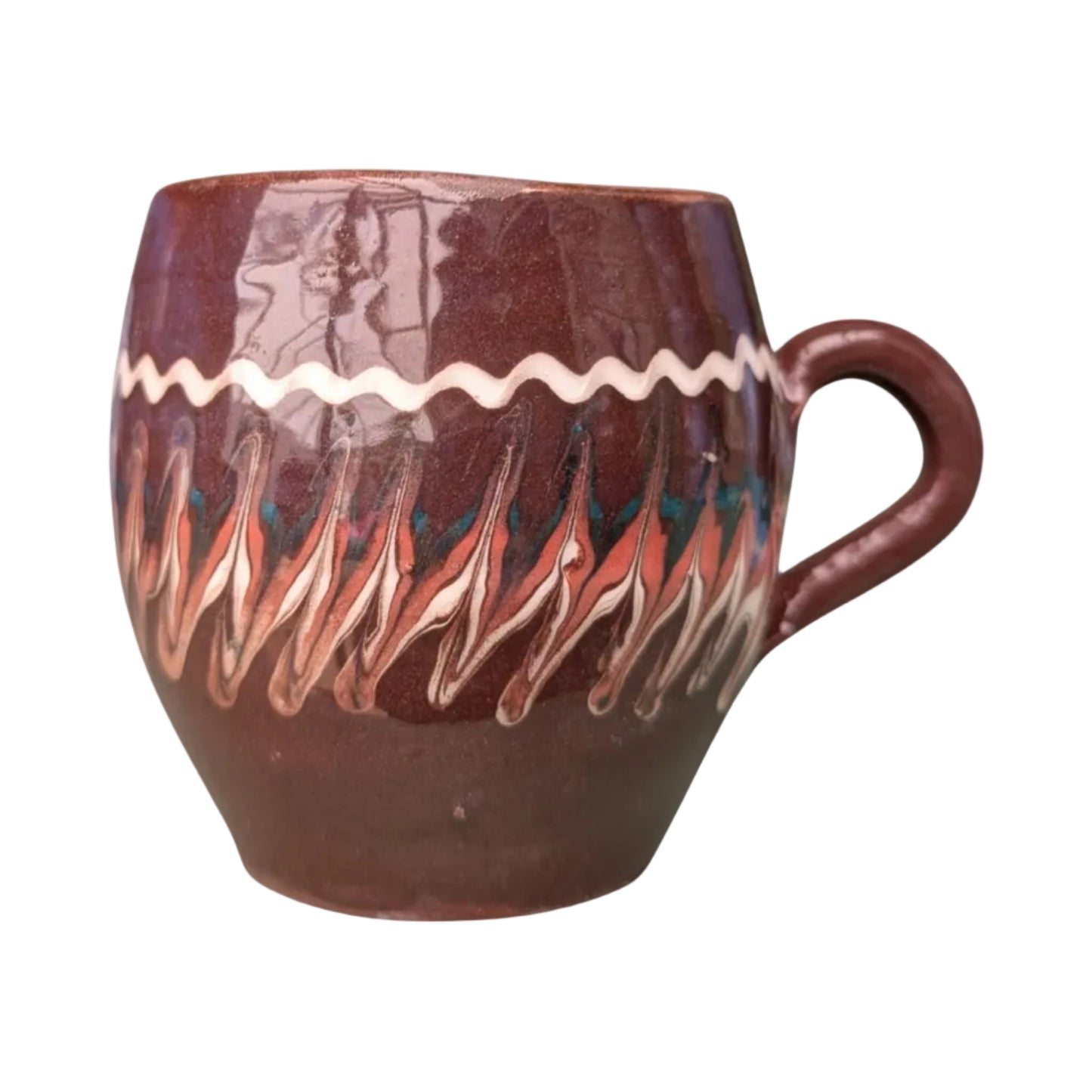 Dark chocolate brown handmade ceramic mug with traditional Romanian folk decoration