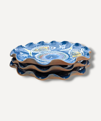 Casa De Folklore Pisces Large Ripple Serving Plate Stack side view