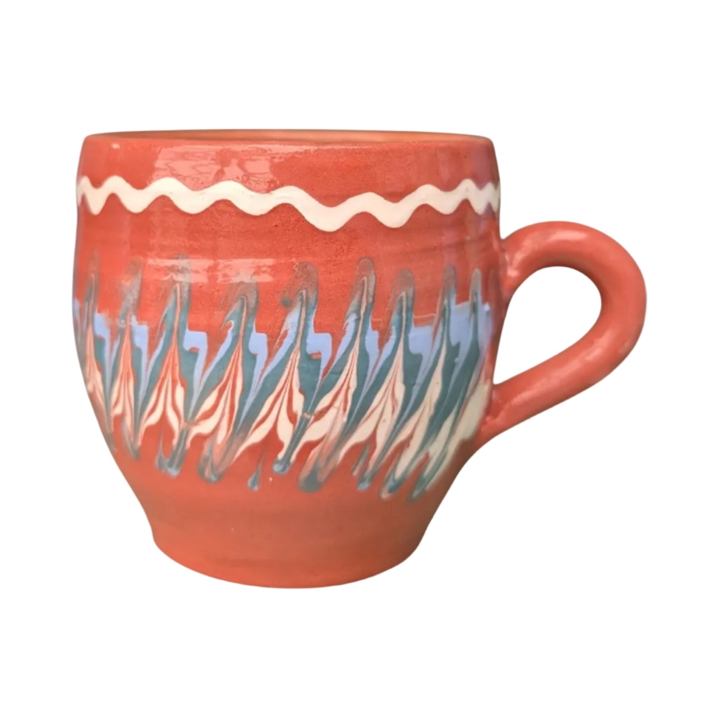 Terracotta handmade ceramic mug with blue and ivory Romanian folk decoration