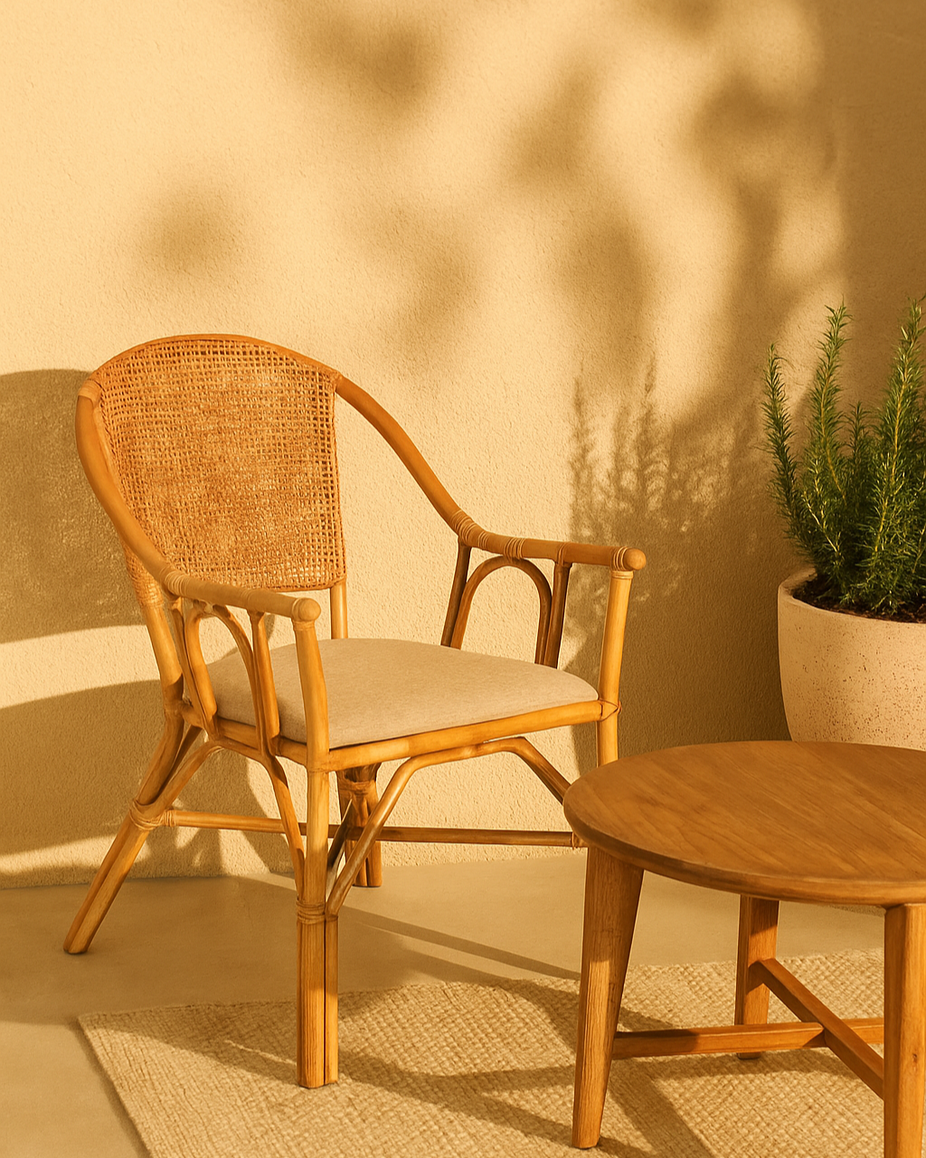 Bari Natural Cane Chair with Beige Fabric Cushion