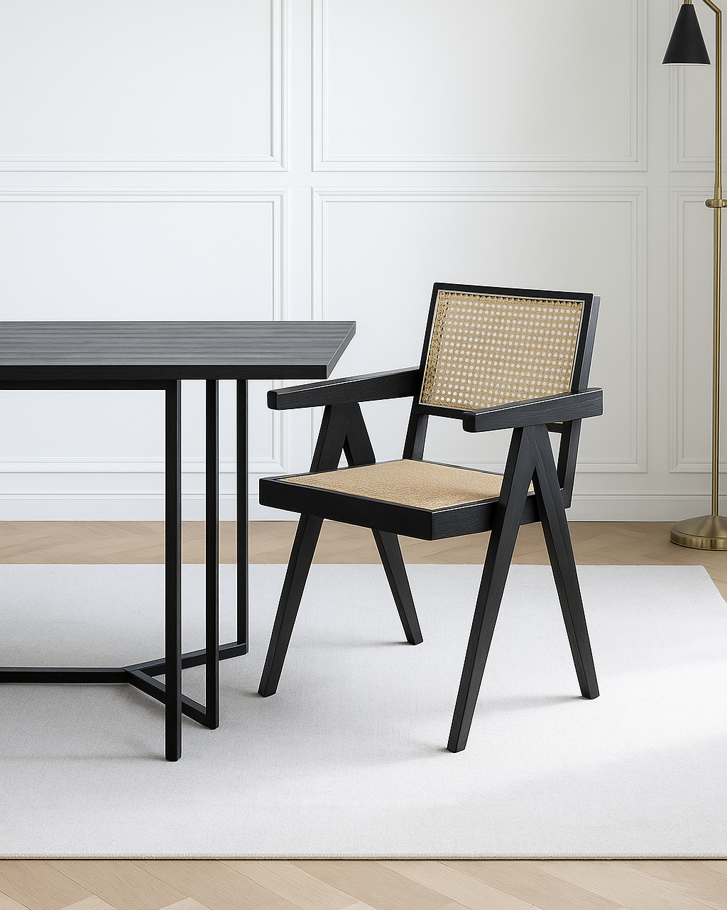 Lagos Black-Finish Solid Elmwood Chair with Rattan Seat and Back