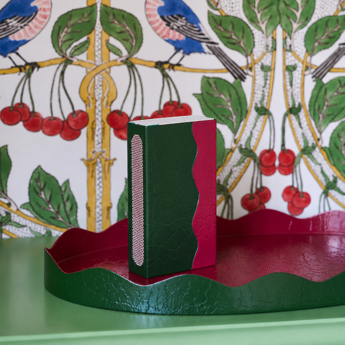 Toleware Matchbox Cover  - Dark Green & Raspberry