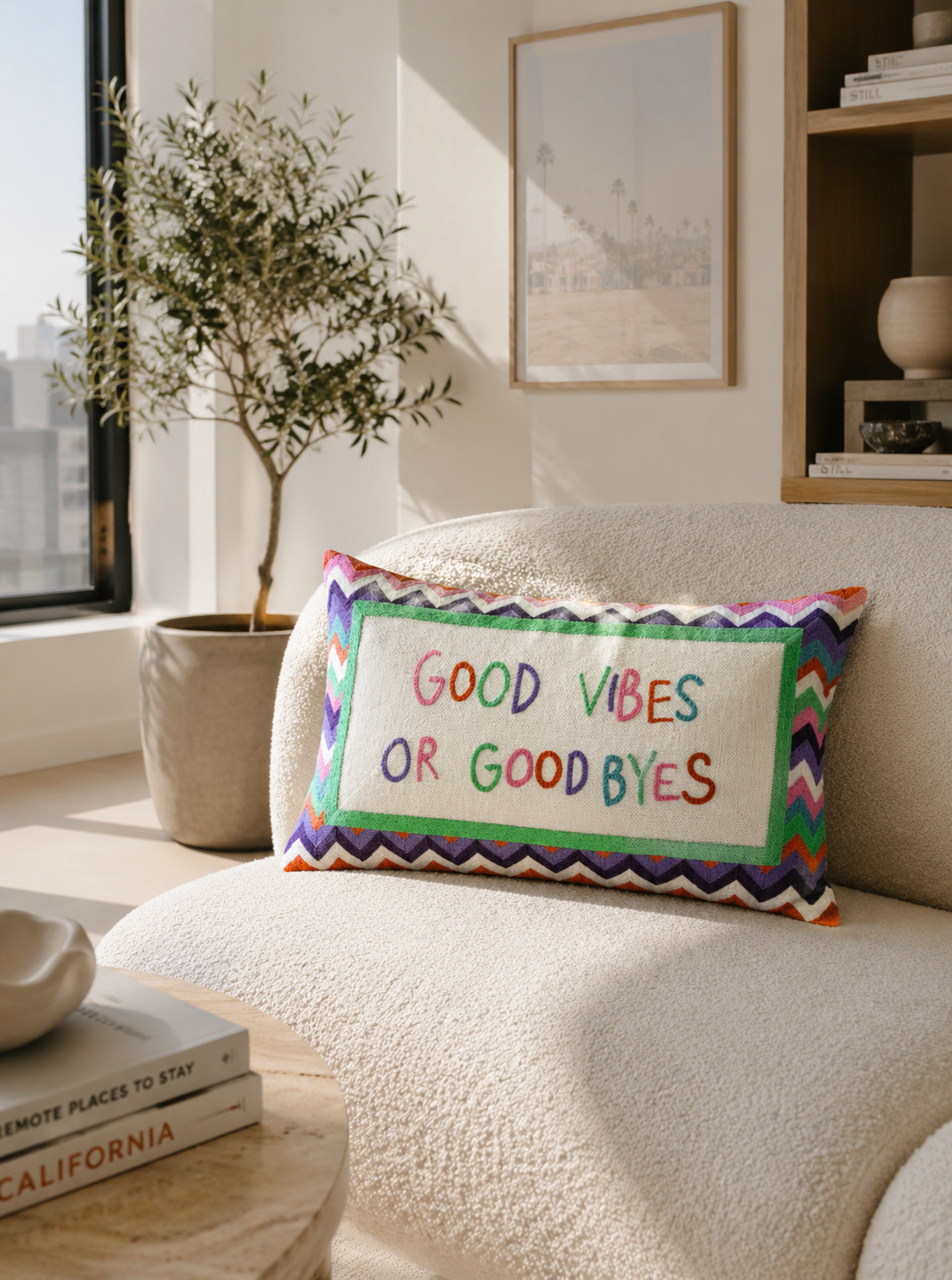 Funny Needlepoint Pillow – Good Vibes or Good Byes