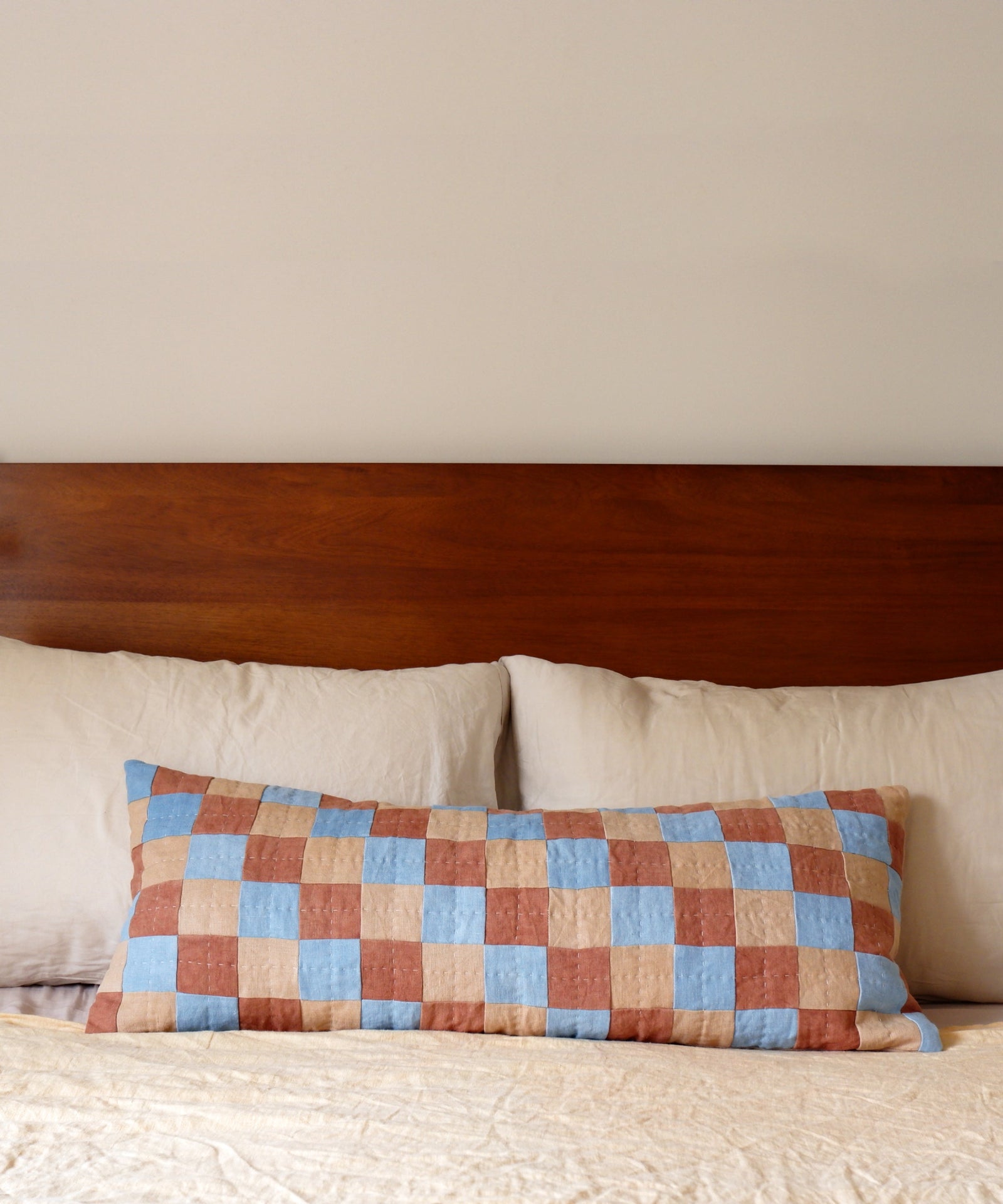 Chequered Cushion in Blue, Terracotta and Cream