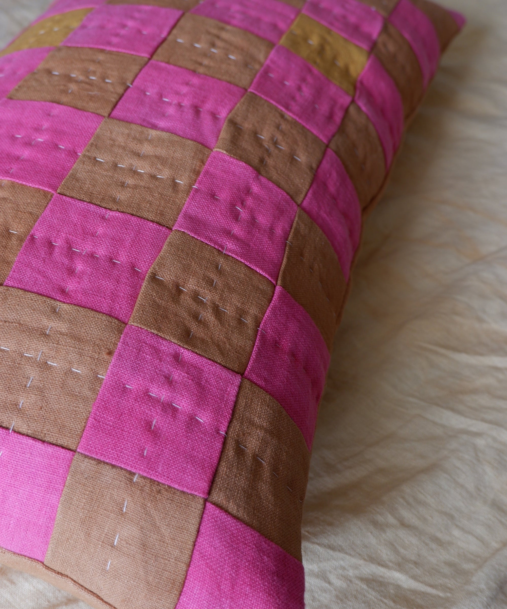 Chequered Cushion in Brown and Pink
