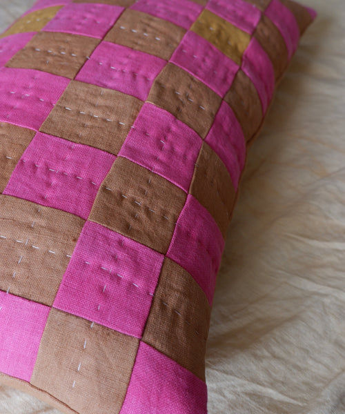 Chequered Cushion in Brown and Pink