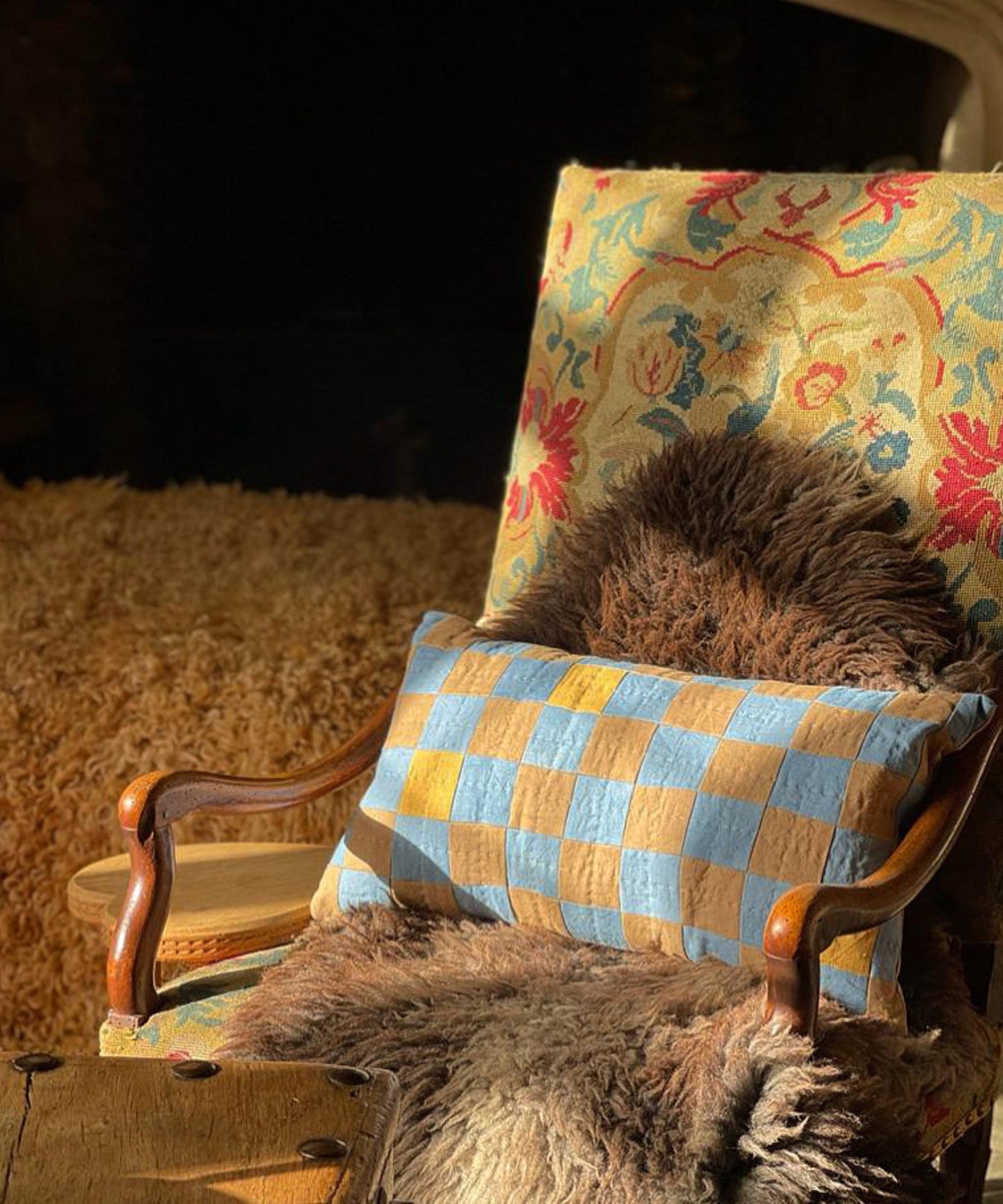 Chequered Cushion in Brown and Blue