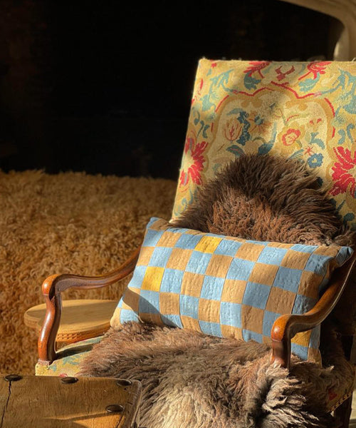Chequered Cushion in Brown and Blue
