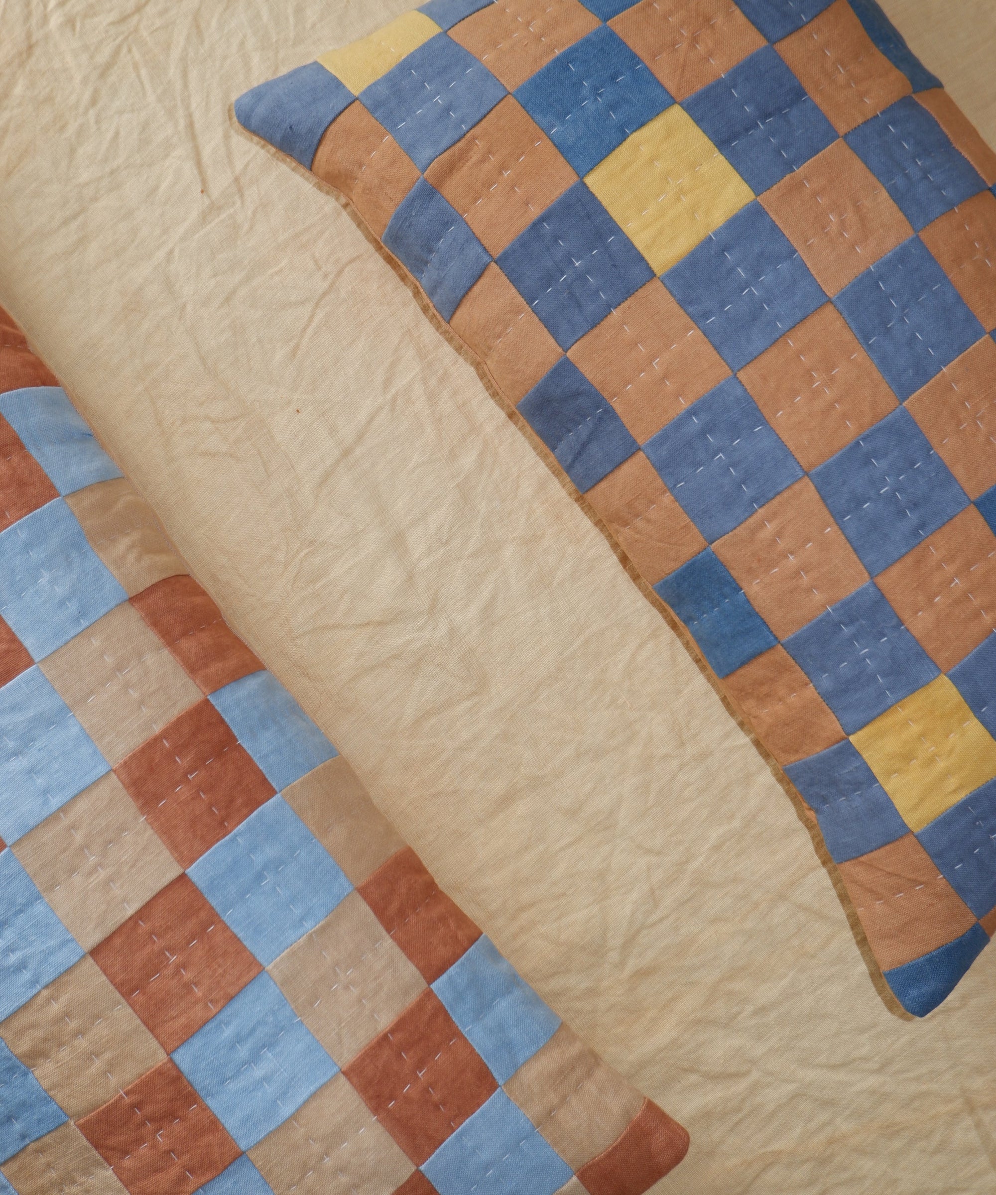 Chequered Cushion in Brown and Blue