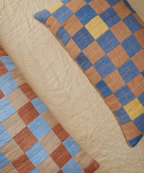 Chequered Cushion in Brown and Blue