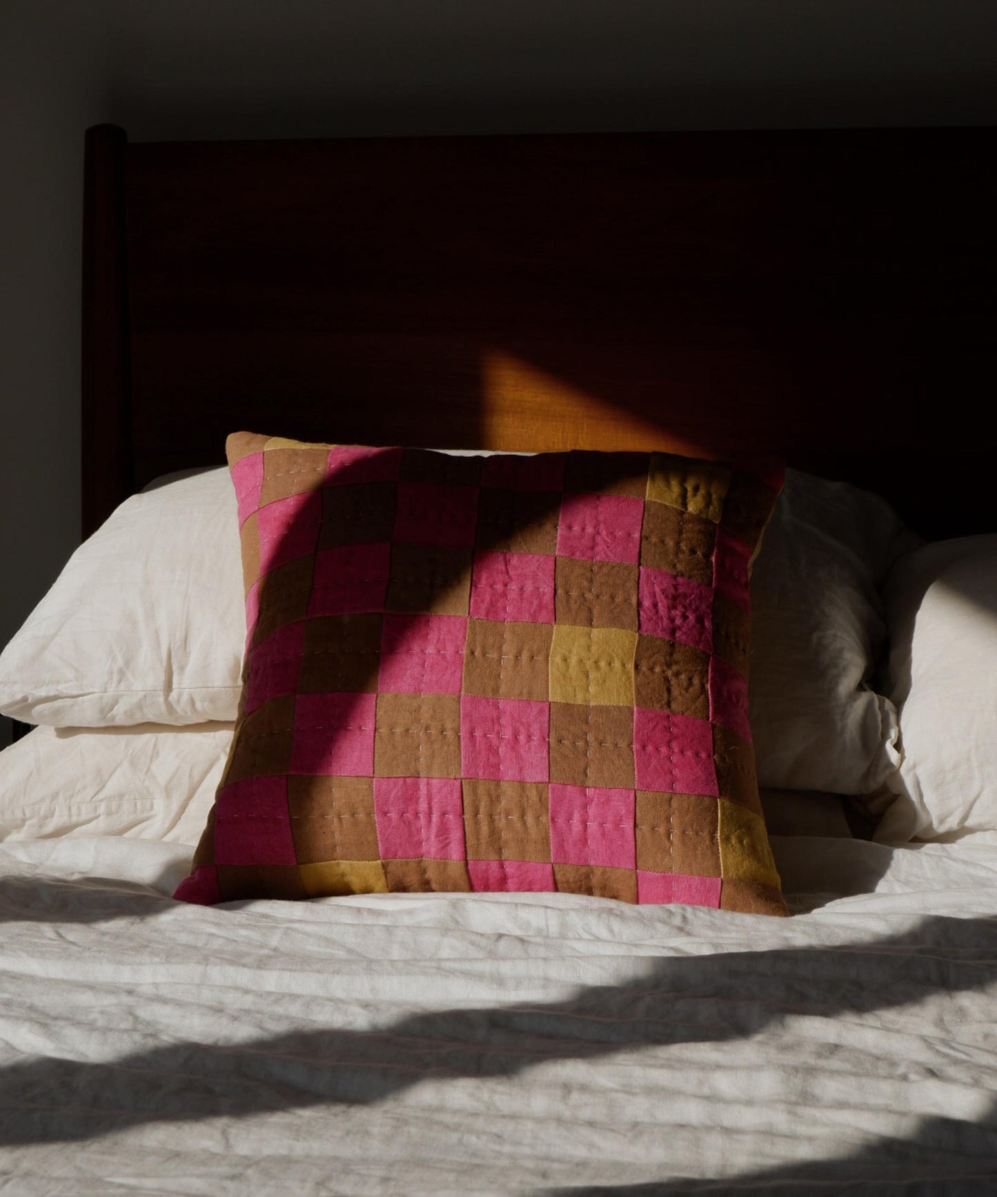 Chequered Cushion in Brown and Pink