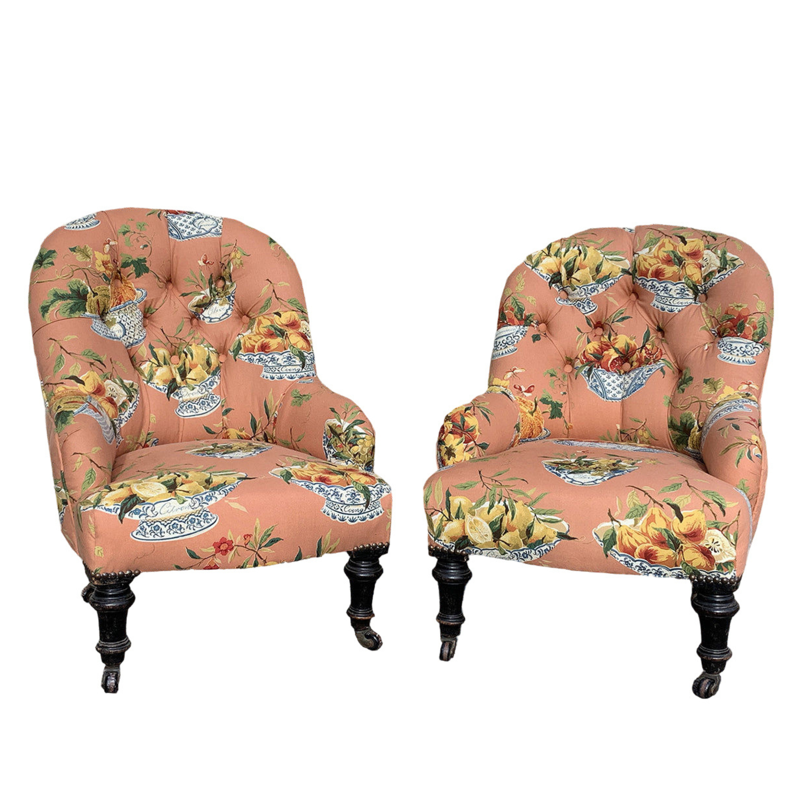 HANS & GRETEL - A Pair Of Antique Button Back Armchairs In Vintage Colefax & Fowler Fabric-
