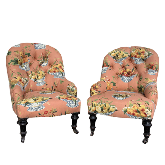 HANS & GRETEL - A Pair Of Antique Button Back Armchairs In Vintage Colefax & Fowler Fabric