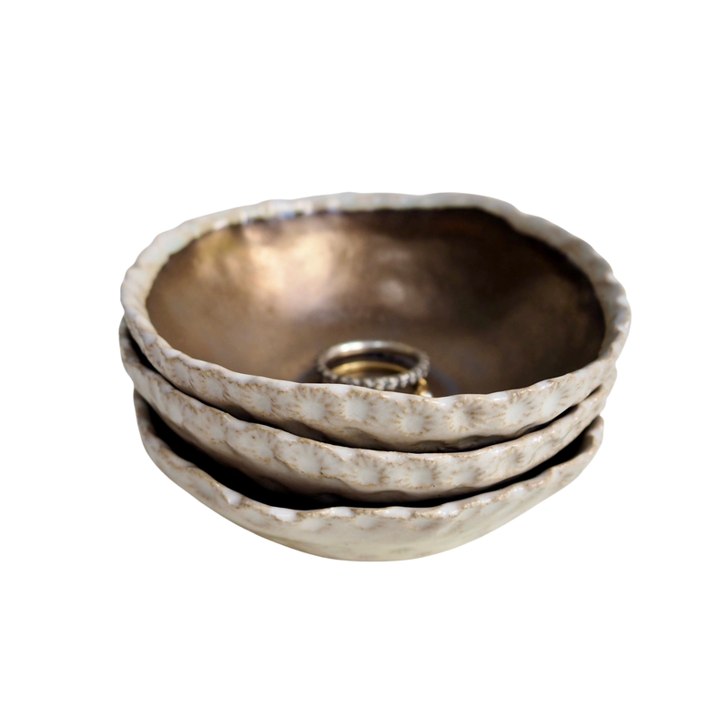 Handmade Gold & Cream Mini Pottery Ring Dish