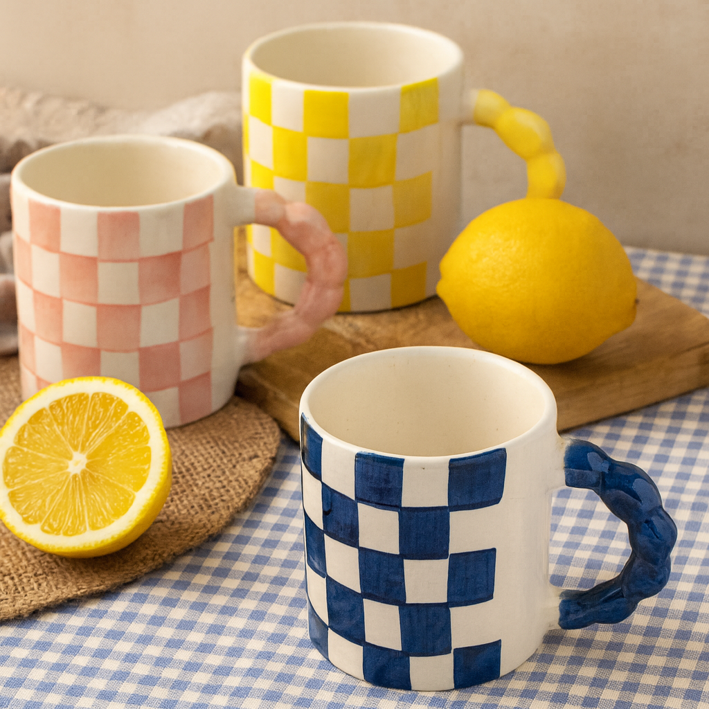 Pink Checkered Ceramic Mug 3x3.5 Inches Set of 2 - Casa Amarosa