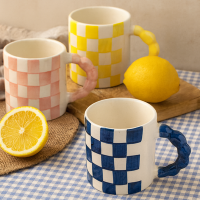 Pink Checkered Ceramic Mug 3x3.5 Inches Set of 2 - Casa Amarosa