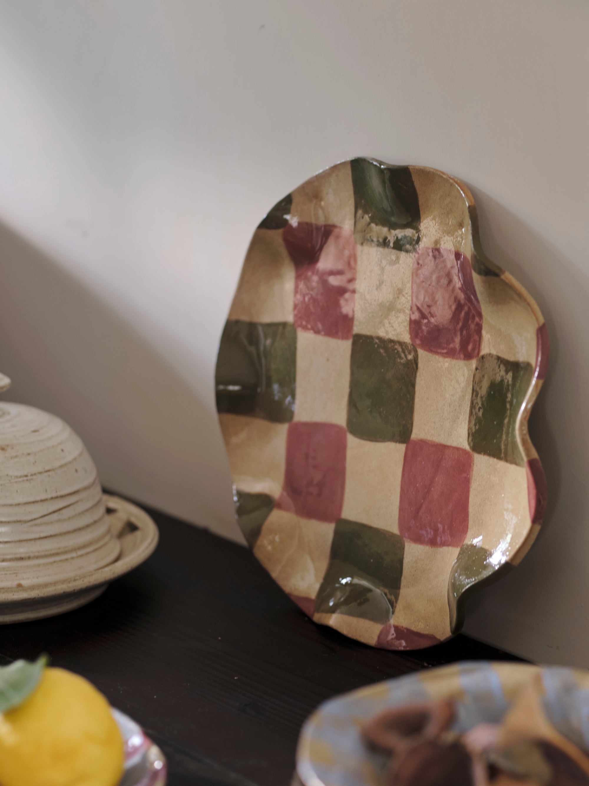Smokey Olive & Burgundy Wavy Check Platter