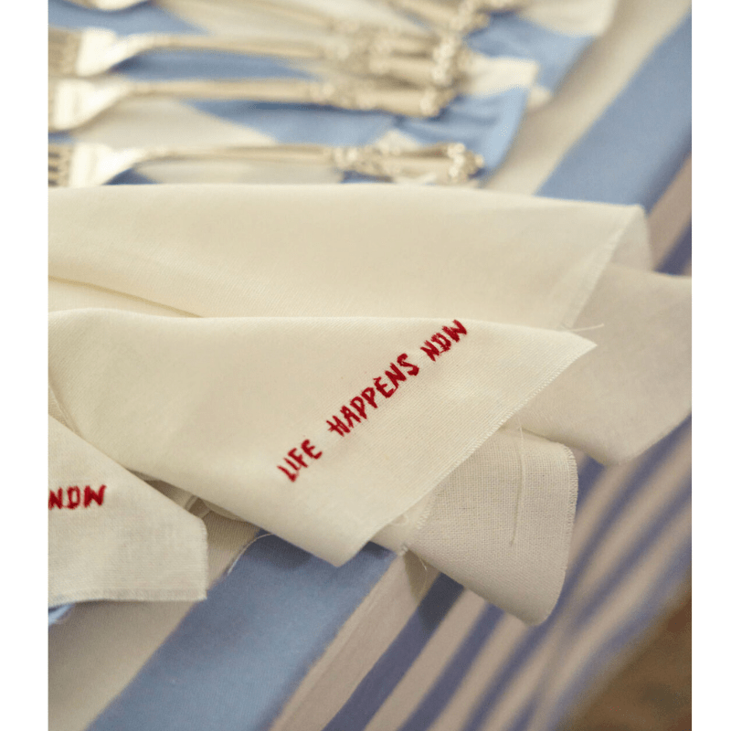 Load image into Gallery viewer, Embroidered Linen Napkins Set x 2 &amp;#39;Life Happens Now&amp;#39; - Between Us
