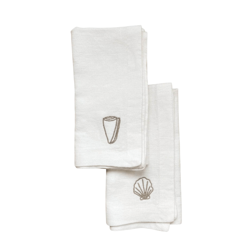 White Shell Embroidered Linen Napkins - Set of 4