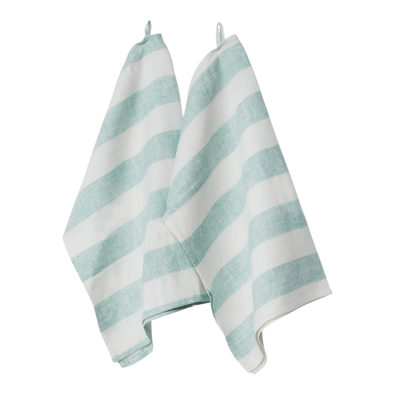 Turquoise + White Stripe Linen Kitchen Towels - Set of 2