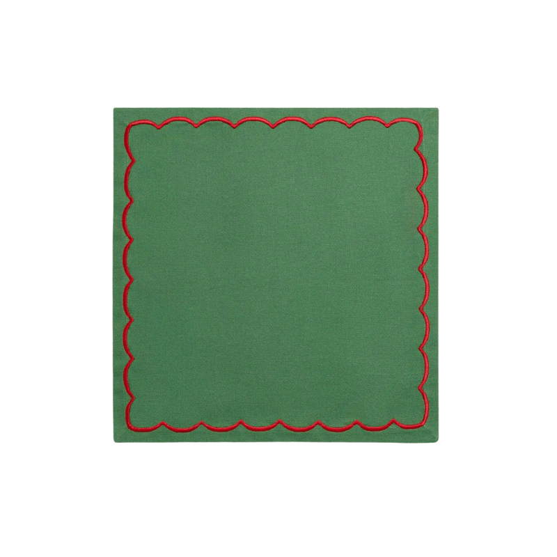 Green Linen Napkins With Red Embroidery (Set of 2)