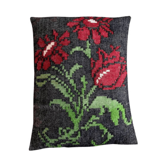 Vintage, Hand-Loomed, Decorative Wool Pillow Cover With Floral Design