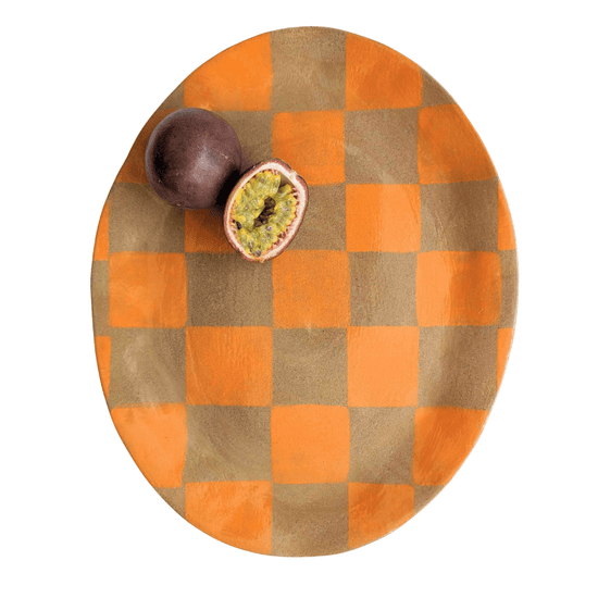 Orange Check Oval Serving Platter