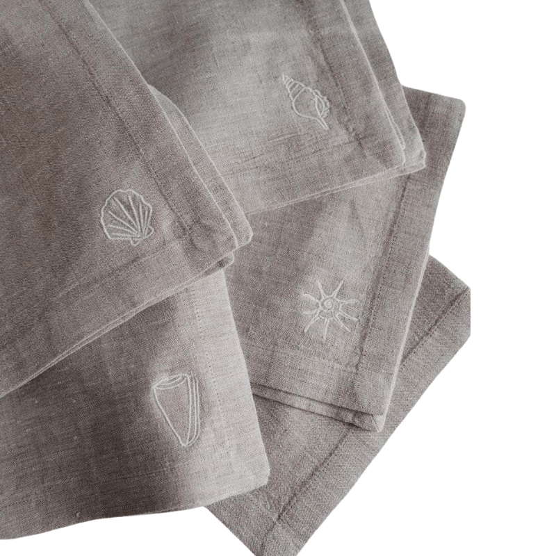 Grey Shell Embroidered Linen Napkins - Set of 4