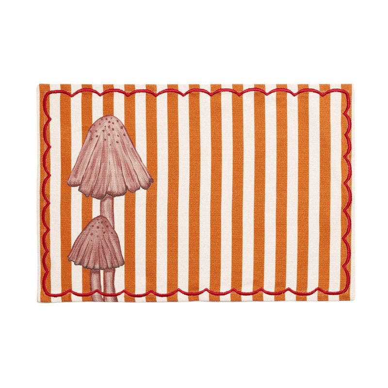 Orange Striped Mushroom Cotton Placemat With Red Embroidery