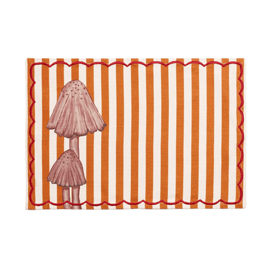 Orange Striped Mushroom Cotton Placemat With Red Embroidery