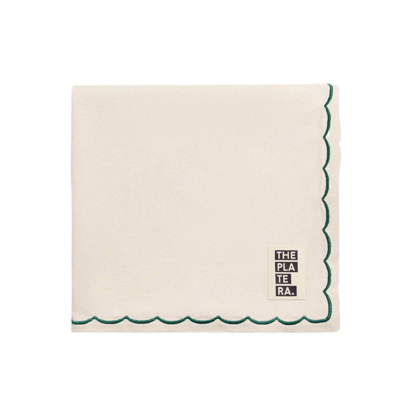 Cotton Beige Tablecloth with Green Embroidery