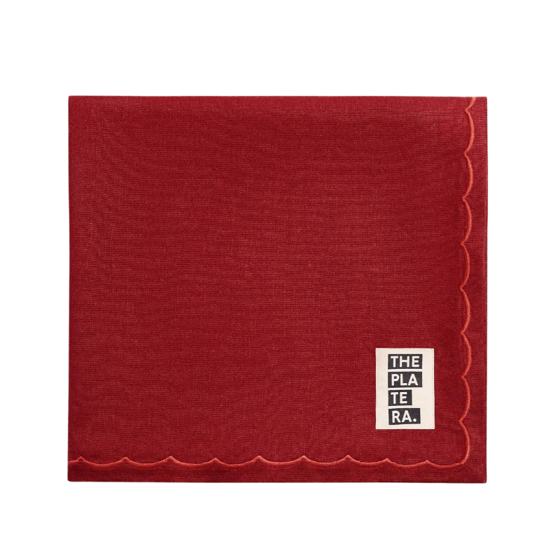 Red Linen Tablecloth with Terracotta Embroidery