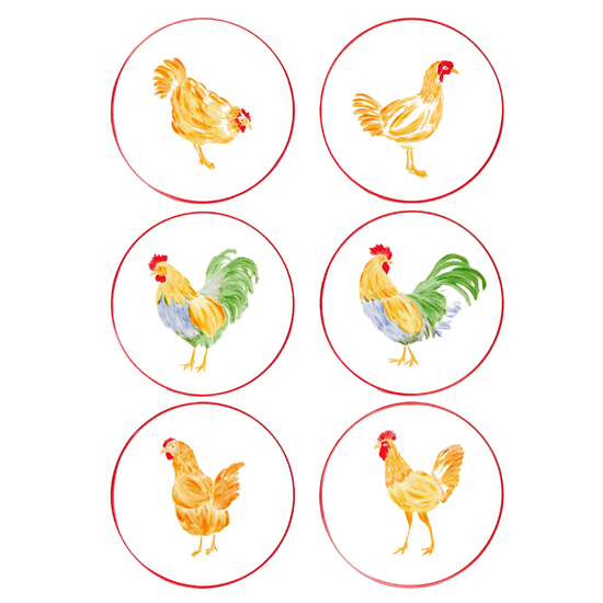 Hand Painted Porcelain Rooster Set of 6 Plates