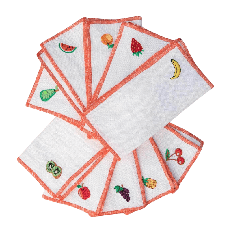 Fruits Themed Linen Cocktail Napkins  | Set of 6