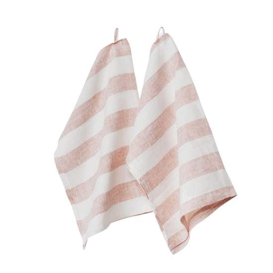 Load image into Gallery viewer, Pink + White Stripe Linen Kitchen Towels - Set of 2
