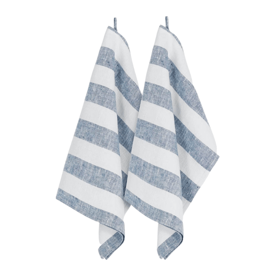 Blue + White Stripe Linen Kitchen Towels - Set of 2