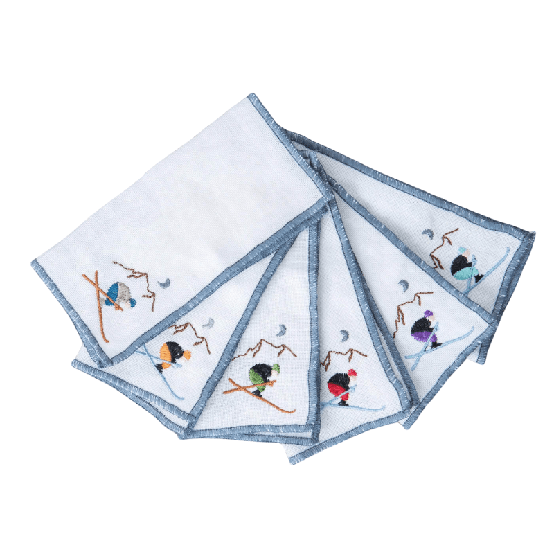 Ski Themed Linen Cocktail Napkins | Set of 6