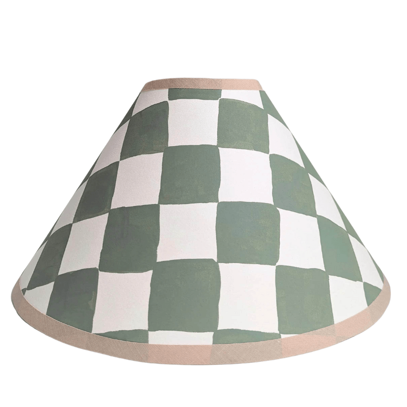 A Pair of Green & Cream Checkerboard Hand Painted Lampshades