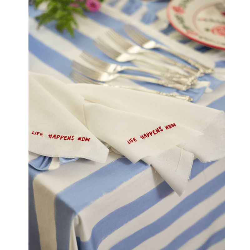 Load image into Gallery viewer, Embroidered Linen Napkins Set x 2 &amp;#39;Life Happens Now&amp;#39; - Between Us
