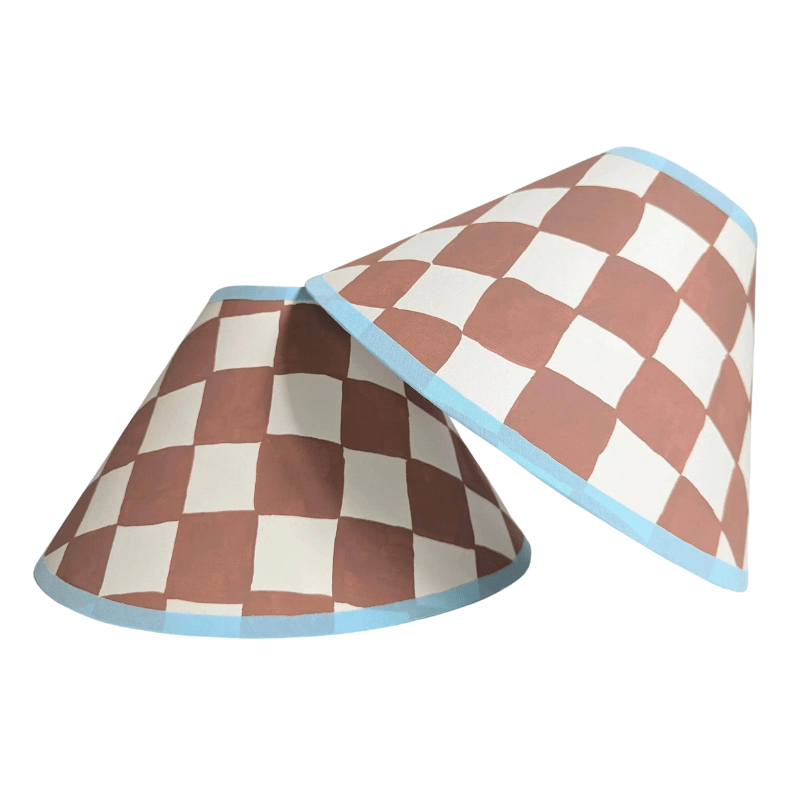 A Pair of Rust & Blue Checkerboard Hand Painted Lampshades