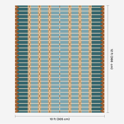 Blue and ochre flatweave wool rug digital mock-up showing 10ft x 12ft (approx 305 x 365cm) size for scale.