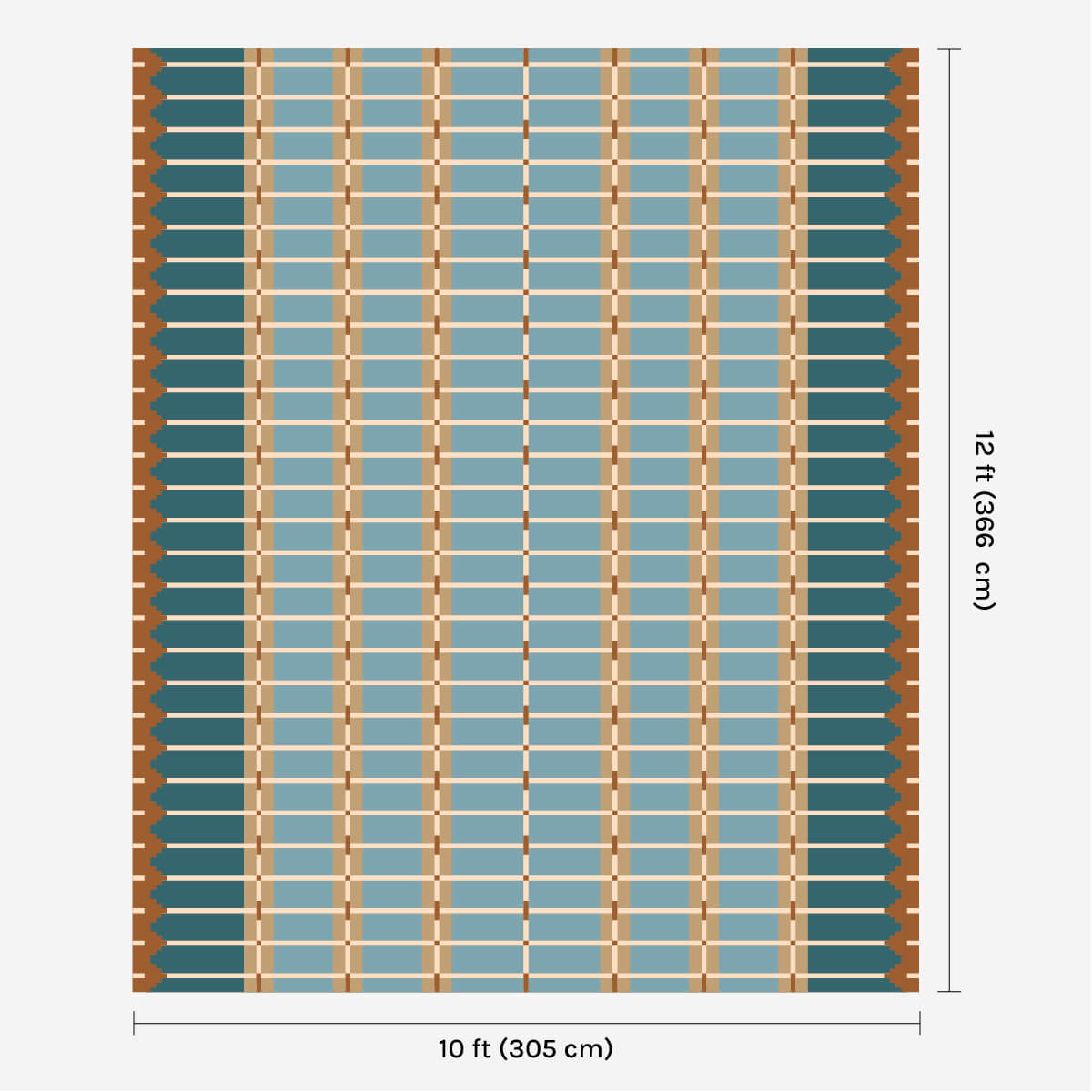 Blue and ochre flatweave wool rug digital mock-up showing 10ft x 12ft (approx 305 x 365cm) size for scale.